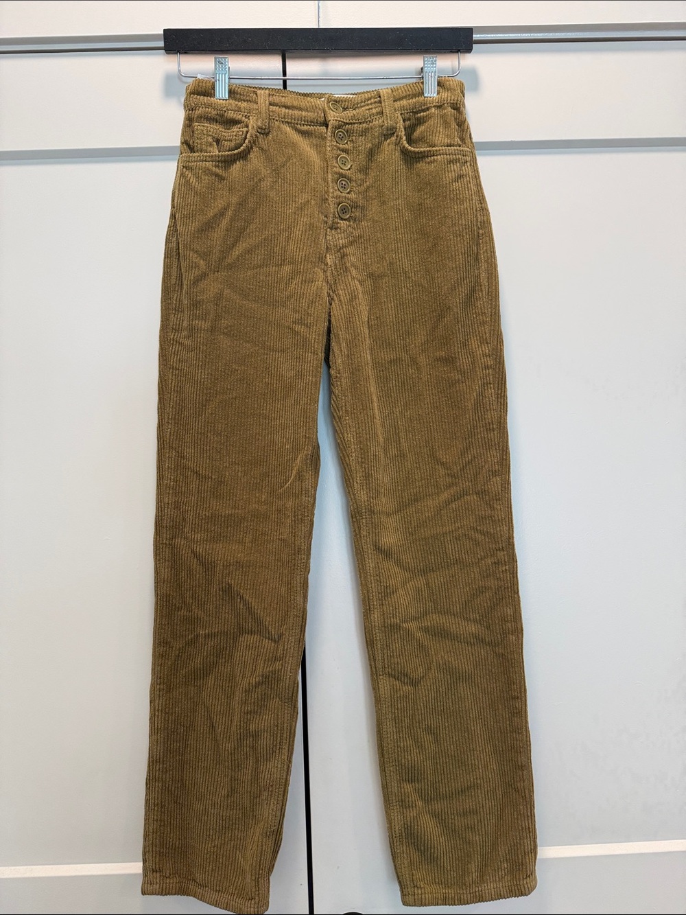 Reformation Cynthia Olive Corduroy High-Rise Button-Fly Pants size 25